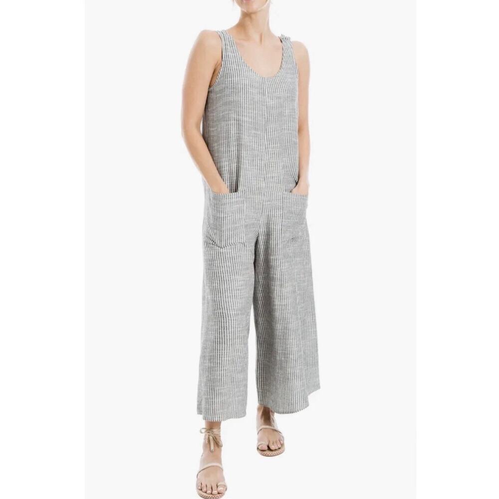Max Studio Blue Striped Wide Leg Jumpsuit XL Cotton Linen Blend Nautical Chic